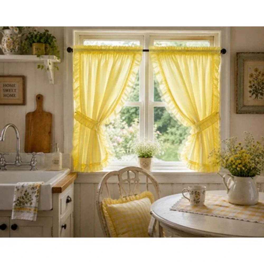 Vintage Yellow Ruffle Cafe Curtains Pair Tiebacks Cottagecore Kitchen 27x23